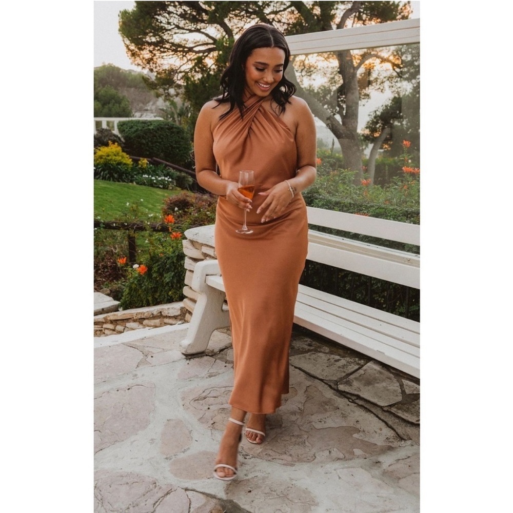 Show Me Your Mumu Jasmine Halter Midi Dress Copper Luxe Satin M | Dry-Cleaned